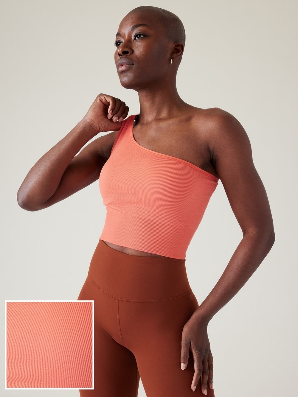 Athleta Aurora Seamless One Shoulder Tank Ribbed Crop Top in Coral Bra